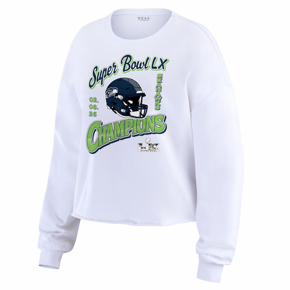 Seattle Seahawks WEAR by Erin Andrews Women's Super Bowl LX Champions Cropped Long Sleeve T-Shirt White - NFL
