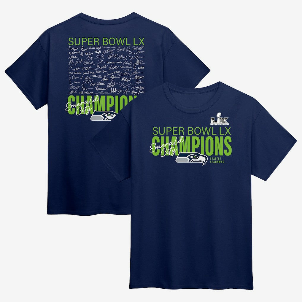 Seattle Seahawks Super Bowl LX Champions Big & Tall Autograph Signing Roster T-Shirt College Navy - Fanatics
