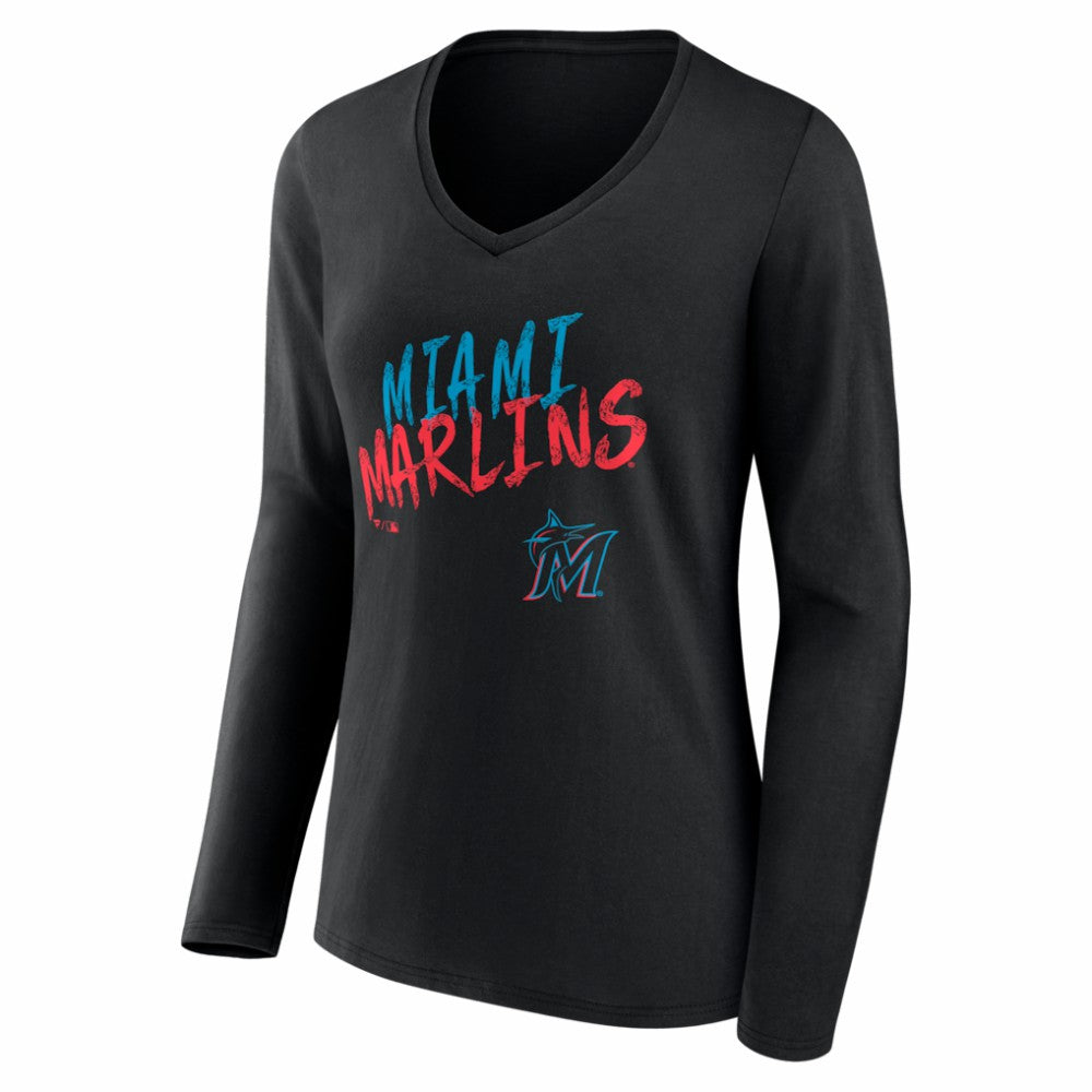 Miami Marlins Women's Hustle Personalized Name & Number Long Sleeve V-Neck T-Shirt discount