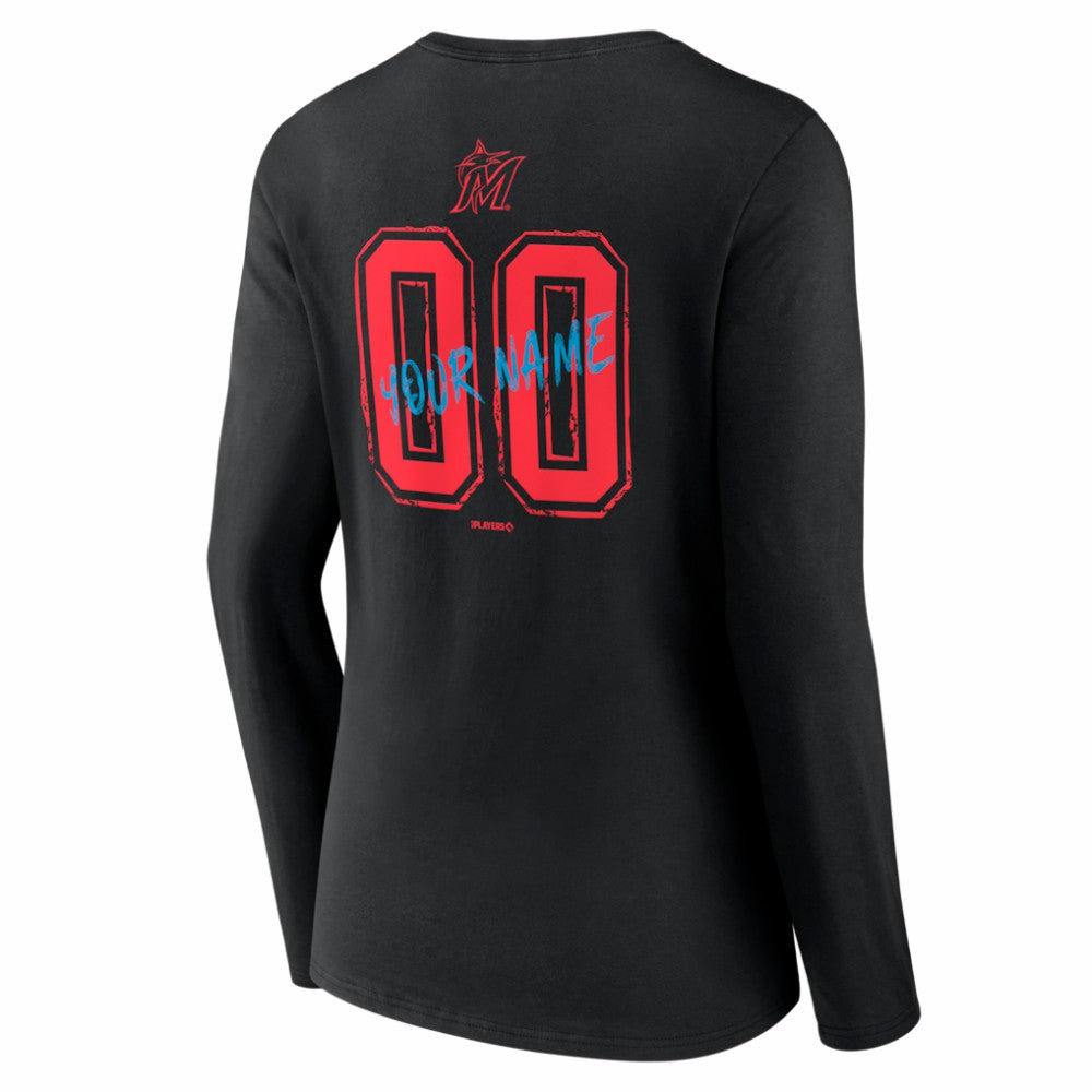 Miami Marlins Women's Hustle Personalized Name & Number Long Sleeve V-Neck T-Shirt discount