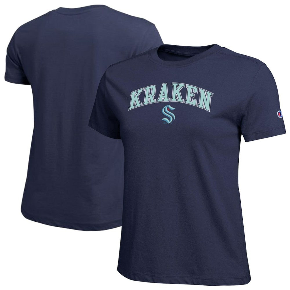 Seattle Kraken Champion Women's Arch Mascot Logo T-Shirt Navy