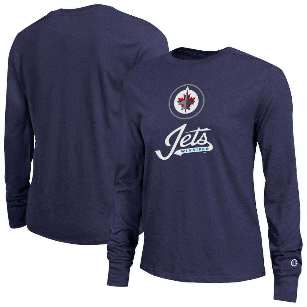 Winnipeg Jets - Champion Women's Wordmark Lockup Long Sleeve T-Shirt Navy