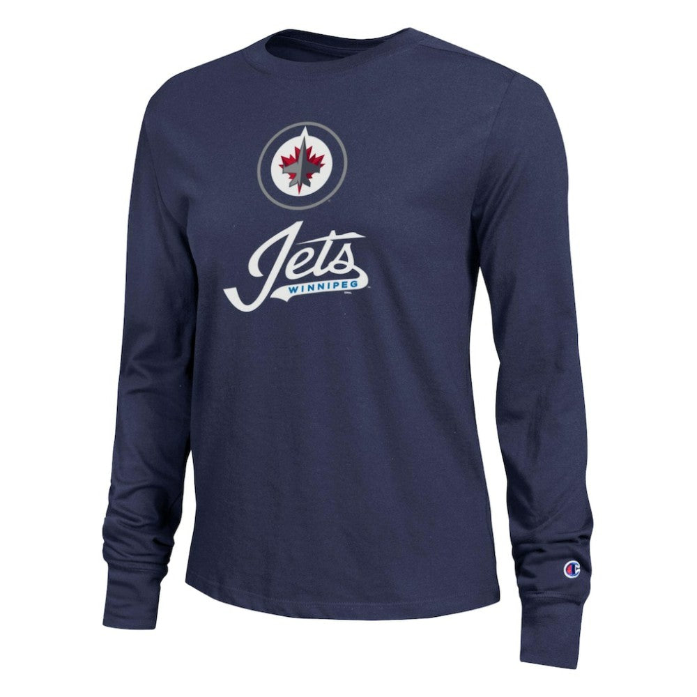 Winnipeg Jets - Champion Women's Wordmark Lockup Long Sleeve T-Shirt Navy