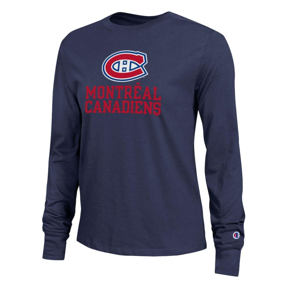 Montreal Canadiens - Champion Women's Wordmark Lockup Long Sleeve T-Shirt Navy