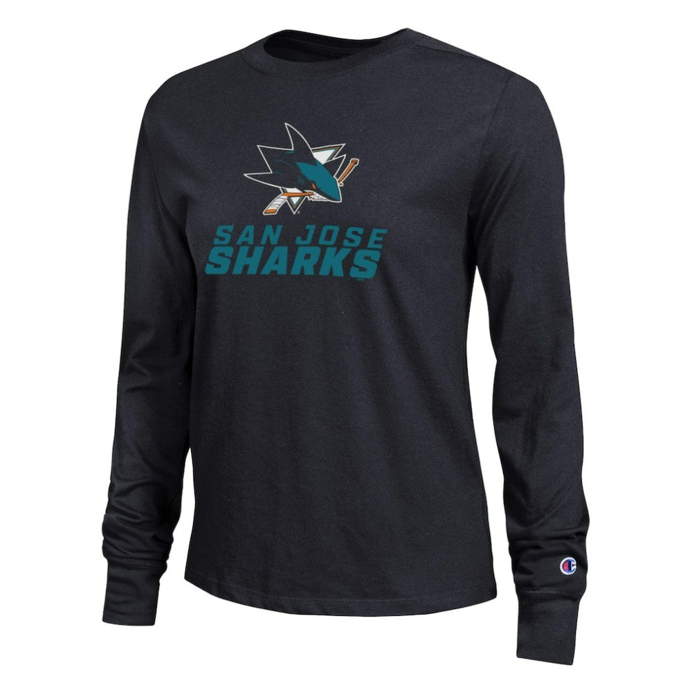 San Jose Sharks - Champion Women's Wordmark Lockup Long Sleeve T-Shirt Black