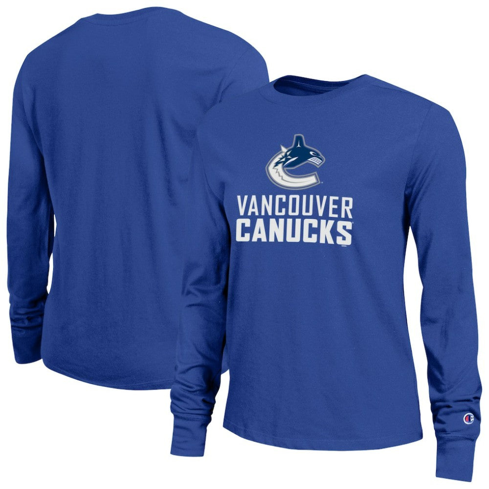 Vancouver Canucks - Champion Women's Wordmark Lockup Long Sleeve T-Shirt Royal