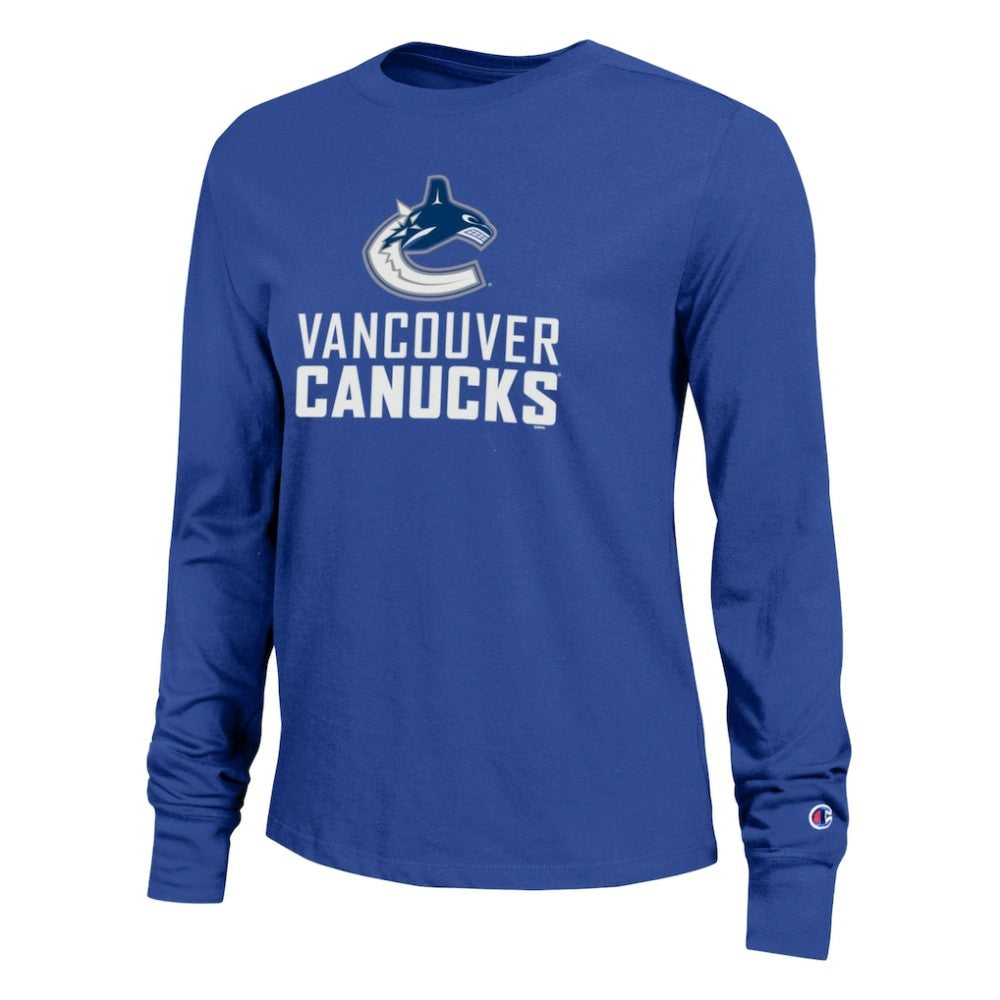 Vancouver Canucks - Champion Women's Wordmark Lockup Long Sleeve T-Shirt Royal