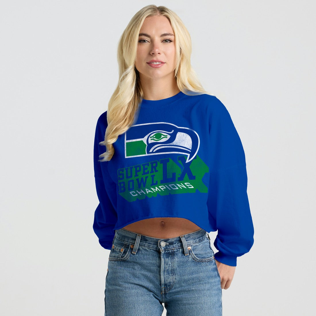 Seattle Seahawks Spirit Jersey Women's Super Bowl LX Champions Retro Cropped Long Sleeve T-Shirt Royal - NFL