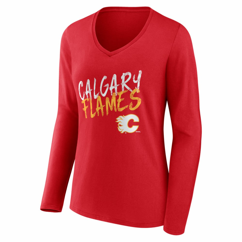 Calgary Flames - Women's Hustle Personalized Name & Number Long Sleeve V-Neck T-Shirt Red
