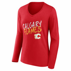 Calgary Flames - Women's Hustle Personalized Name & Number Long Sleeve V-Neck T-Shirt Red
