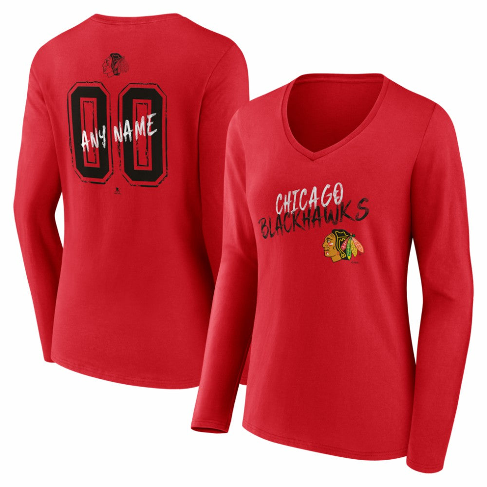 Chicago Blackhawks Women's Hustle Personalized Name & Number Long Sleeve V-Neck T-Shirt Red