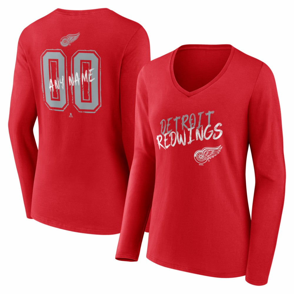 Detroit Red Wings - Women's Hustle Personalized Name & Number Long Sleeve V-Neck T-Shirt Red