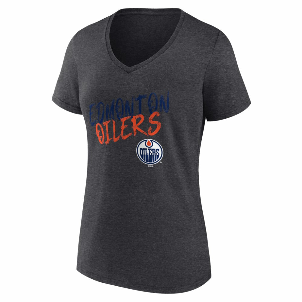 Edmonton Oilers - Women's Hustle Personalized Name & Number V-Neck T-Shirt Charcoal