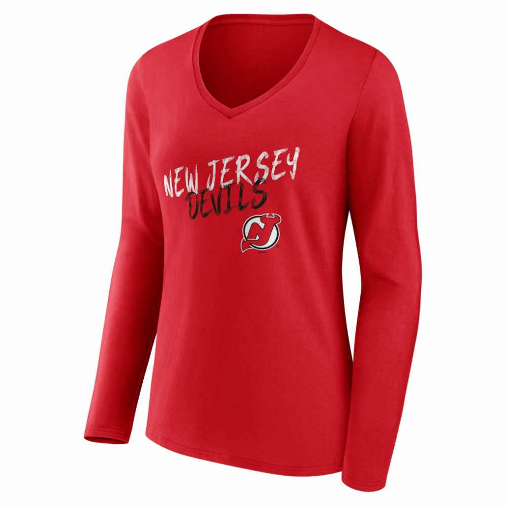 New Jersey Devils - Women's Hustle Personalized Name & Number Long Sleeve V-Neck T-Shirt Red
