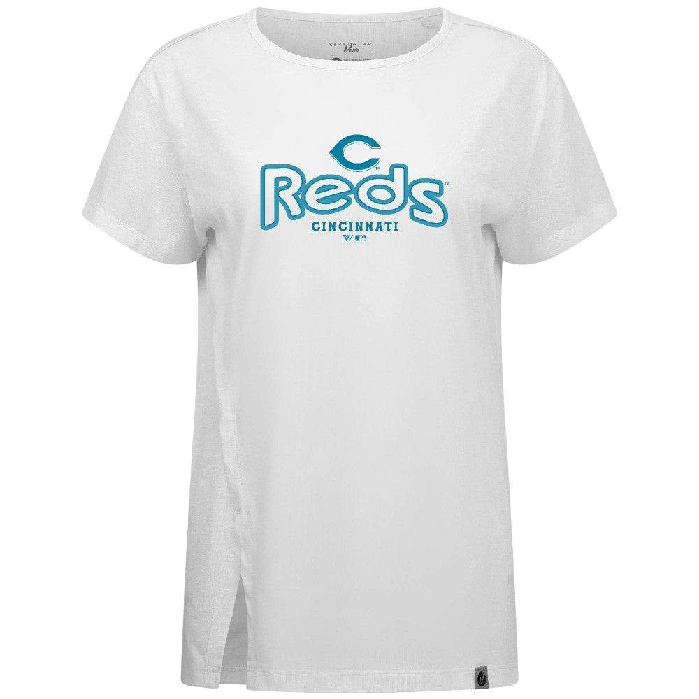 Cincinnati Reds Levelwear Women's Blue Haven Influx Cornerstone T-Shirt Lifestyle