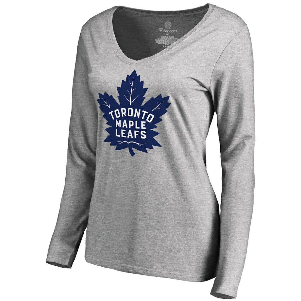 Toronto Maple Leafs - Women's New Primary Logo V-Neck Long Sleeve T-Shirt Heathered Gray