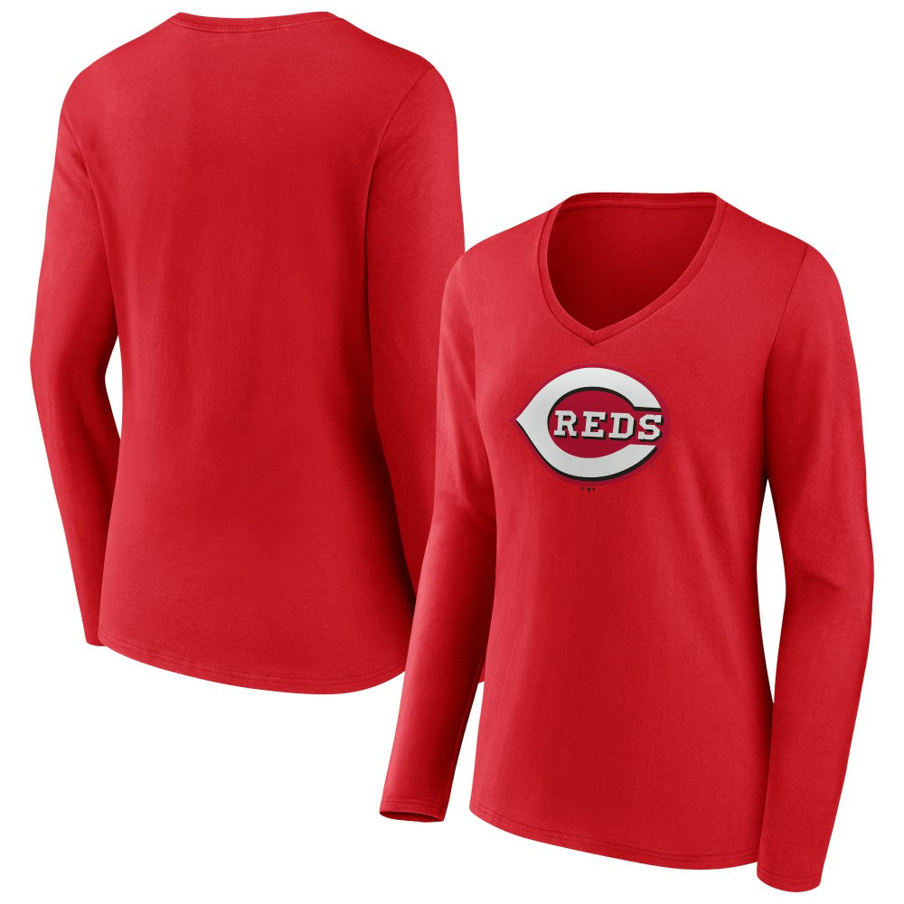 Cincinnati Reds Women's Team Color Primary Logo V-Neck Long Sleeve T-Shirt Lifestyle