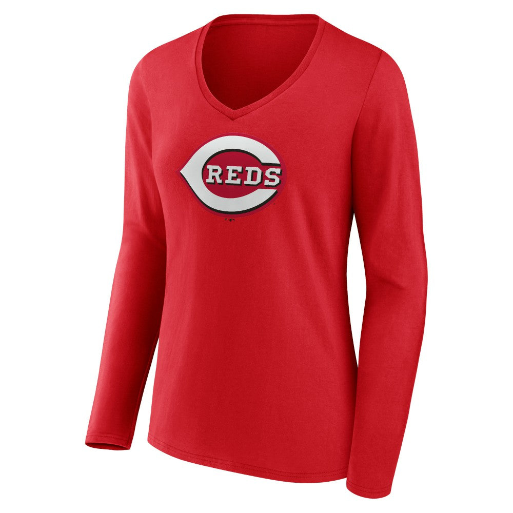 Cincinnati Reds Women's Team Color Primary Logo V-Neck Long Sleeve T-Shirt Lifestyle