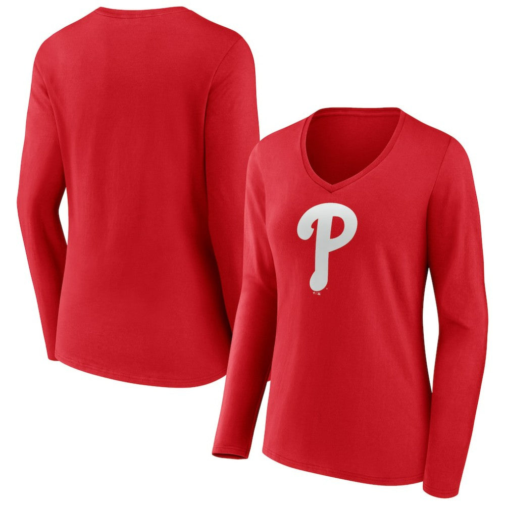 Philadelphia Phillies Women's Team Color Primary Logo V-Neck Long Sleeve T-Shirt Lifestyle