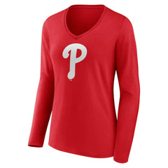 Philadelphia Phillies Women's Team Color Primary Logo V-Neck Long Sleeve T-Shirt Lifestyle