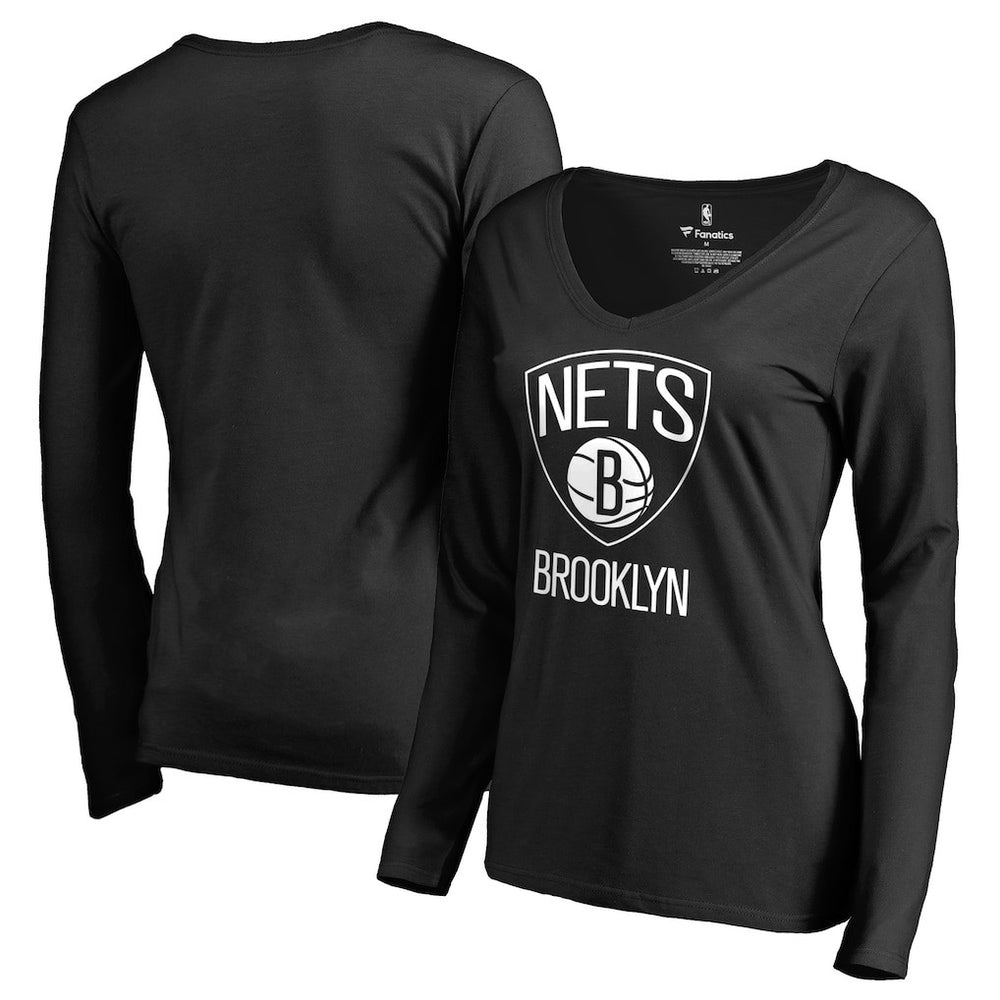 NBA - Brooklyn Nets Women's Primary Logo V-Neck Long Sleeve T-Shirt - Black