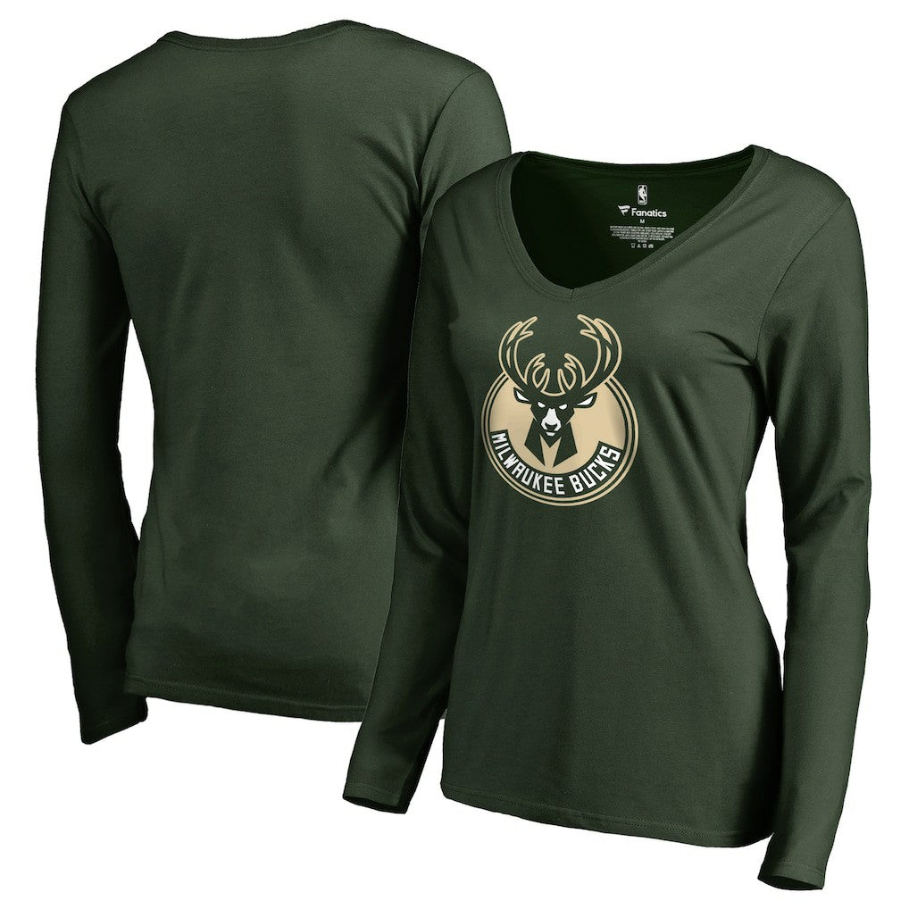 NBA - Milwaukee Bucks Women's Primary Logo V-Neck Long Sleeve T-Shirt - Green