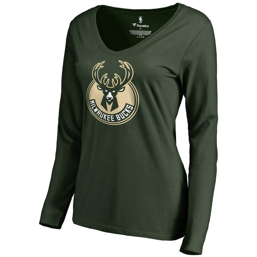 NBA - Milwaukee Bucks Women's Primary Logo V-Neck Long Sleeve T-Shirt - Green