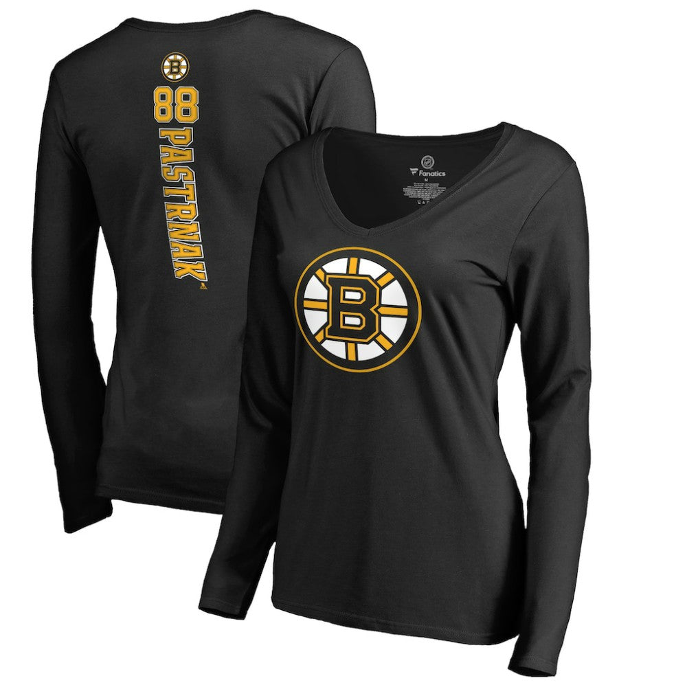 David Pastrnak Boston Bruins Women's Backer V-Neck Long Sleeve T-Shirt Black