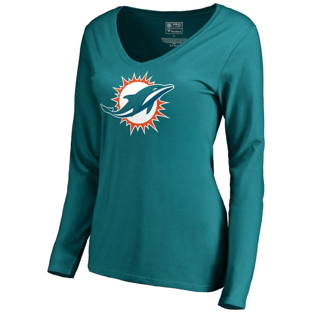 Miami Dolphins Women's Primary Logo V-Neck Long-Sleeve T-Shirt Aqua - NFL