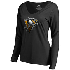 Pittsburgh Penguins Women's Midnight Mascot Long Sleeve V-Neck T-Shirt Black