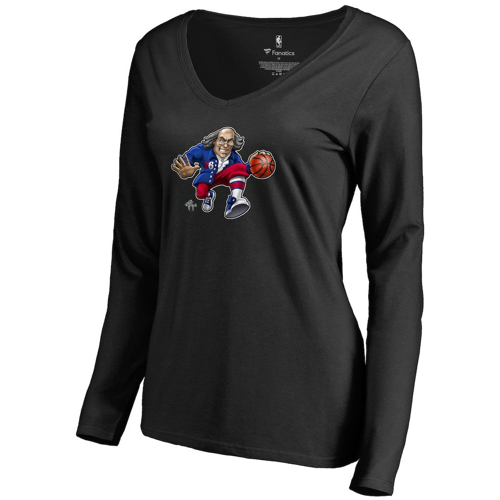 NBA - Philadelphia 76ers Women's Midnight Mascot Long Sleeve V-Neck T-Shirt - Black