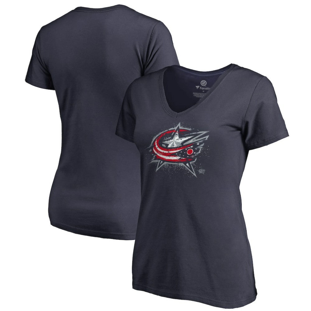 Columbus Blue Jackets - Women's Splatter Logo V-Neck T-Shirt Navy