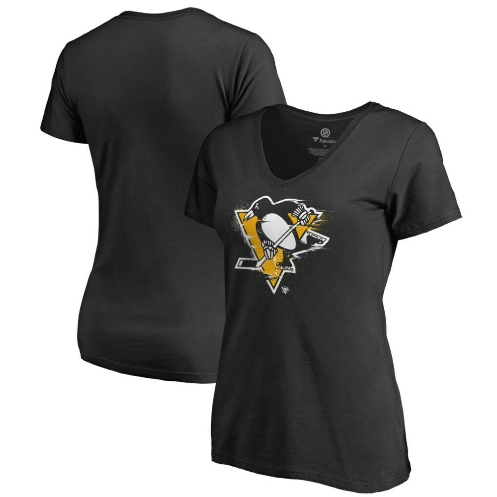 Pittsburgh Penguins Women's Splatter Logo V-Neck T-Shirt Black
