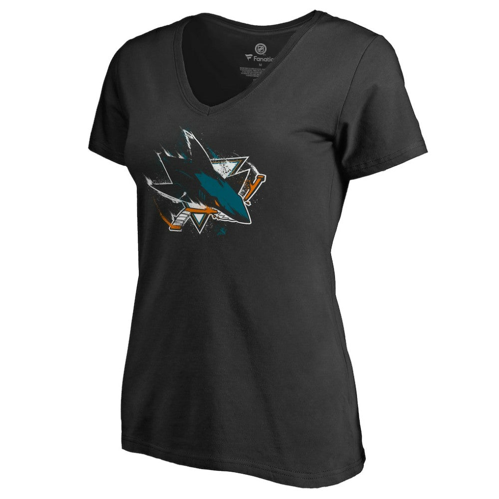 San Jose Sharks - Women's Splatter Logo V-Neck T-Shirt Black