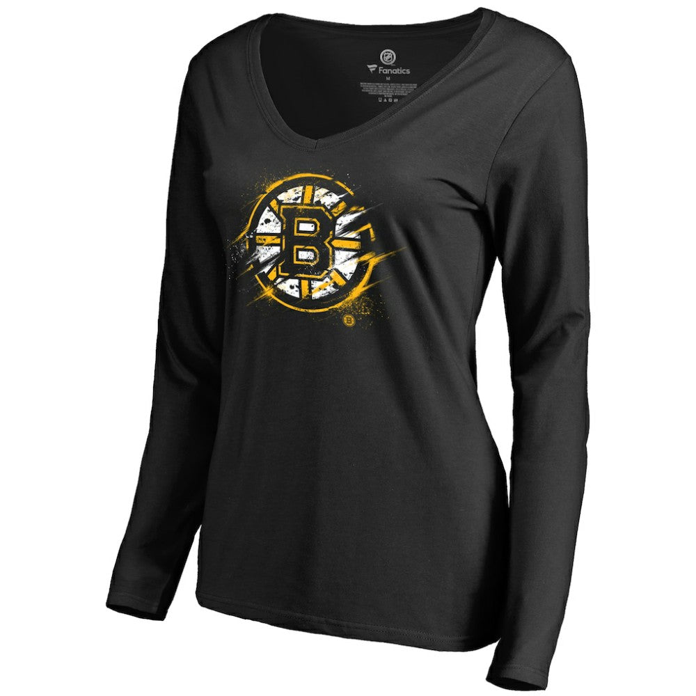 Boston Bruins Women's Splatter Logo V-Neck Long Sleeve T-Shirt Black