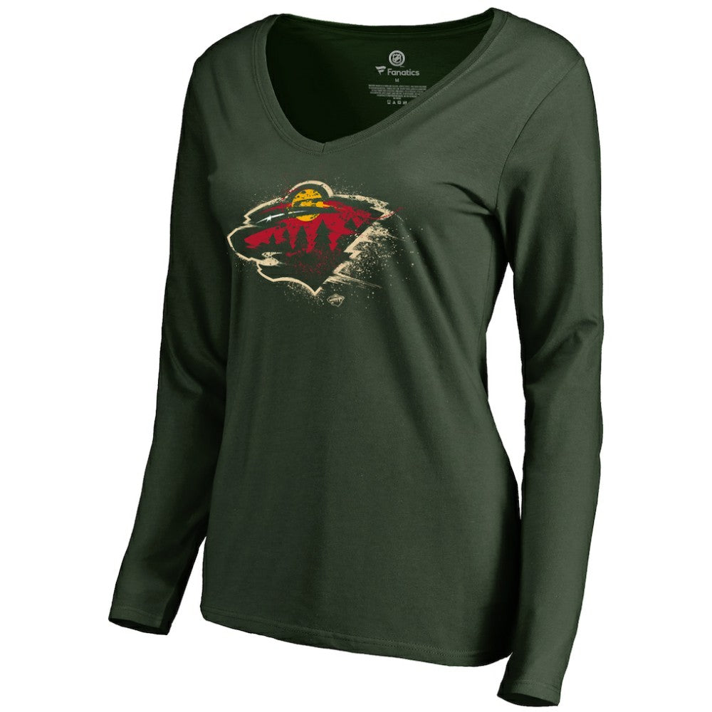Minnesota Wild - Women's Splatter Logo V-Neck Long Sleeve T-Shirt Green