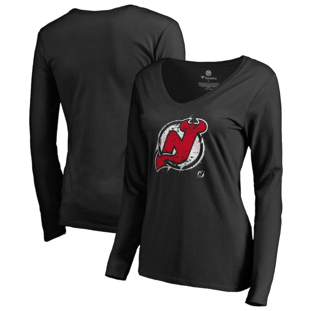 New Jersey Devils - Women's Splatter Logo V-Neck Long Sleeve T-Shirt Black
