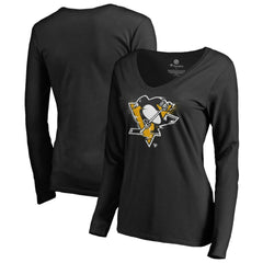 Pittsburgh Penguins Women's Splatter Logo V-Neck Long Sleeve T-Shirt Black