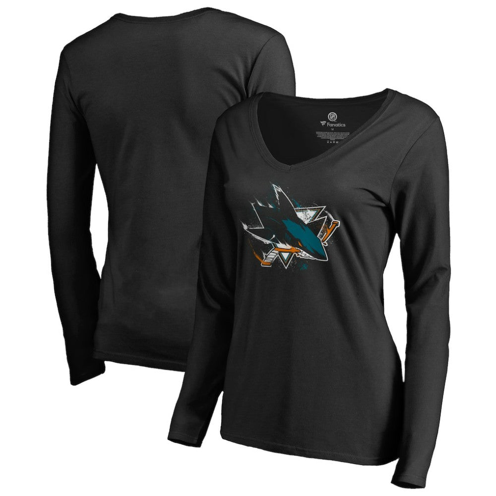San Jose Sharks - Women's Splatter Logo V-Neck Long Sleeve T-Shirt Black
