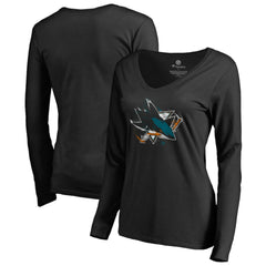 San Jose Sharks - Women's Splatter Logo V-Neck Long Sleeve T-Shirt Black