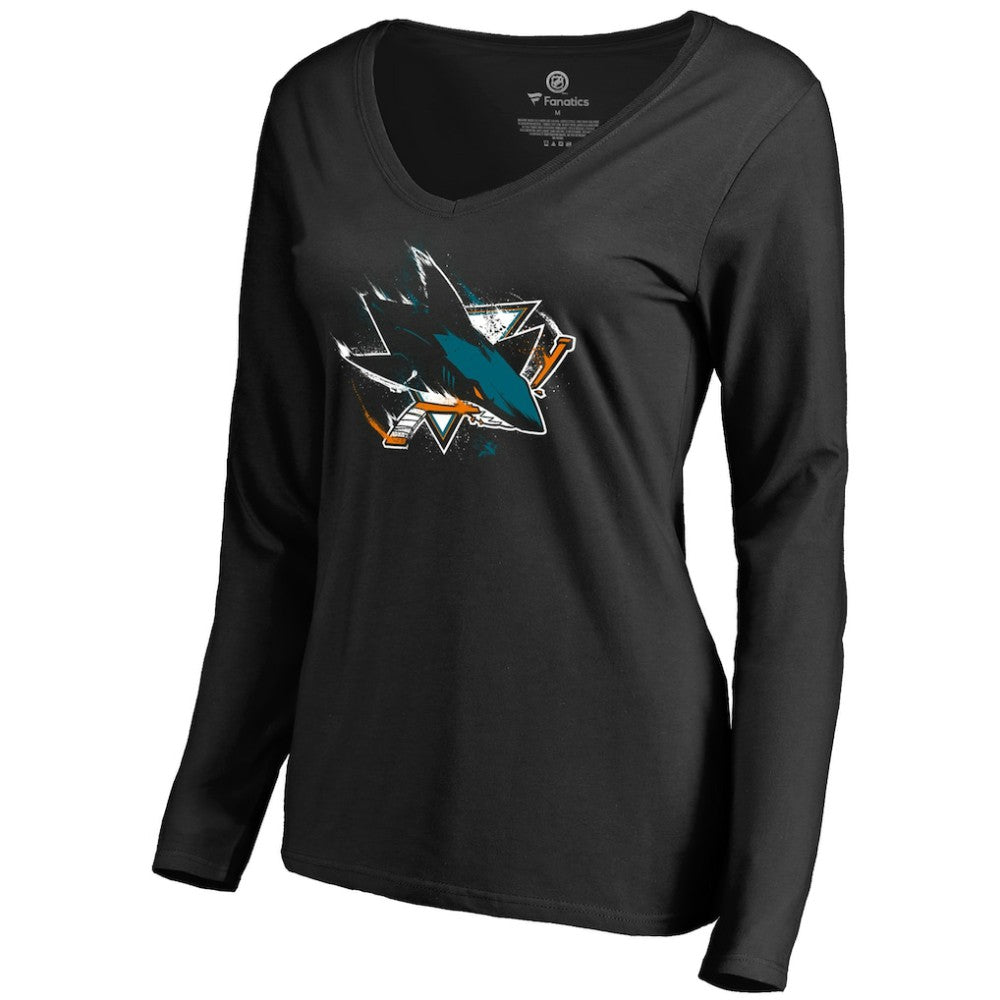 San Jose Sharks - Women's Splatter Logo V-Neck Long Sleeve T-Shirt Black