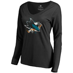 San Jose Sharks - Women's Splatter Logo V-Neck Long Sleeve T-Shirt Black