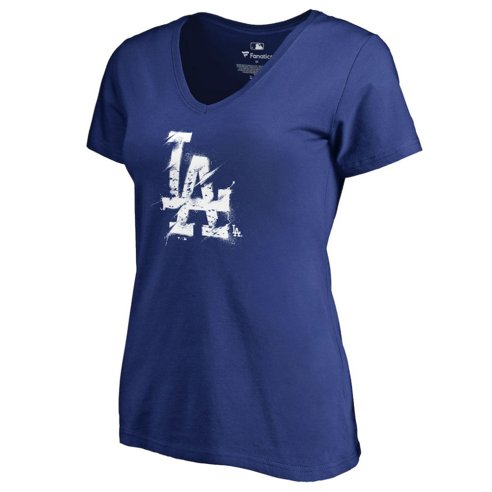 Los Angeles Dodgers Women's Splatter Logo V-Neck T-Shirt Lifestyle