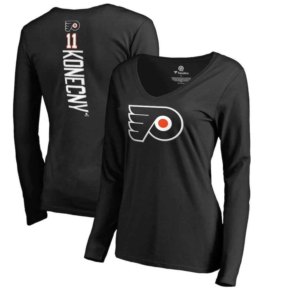 Travis Konecny Philadelphia Flyers - Women's Backer Name & Number Slim Fit Long Sleeve V-Neck T-Shirt Black