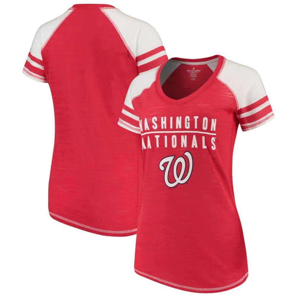 Washington Nationals Soft as a Grape Women's Color Block V-Neck T-Shirt On Sale