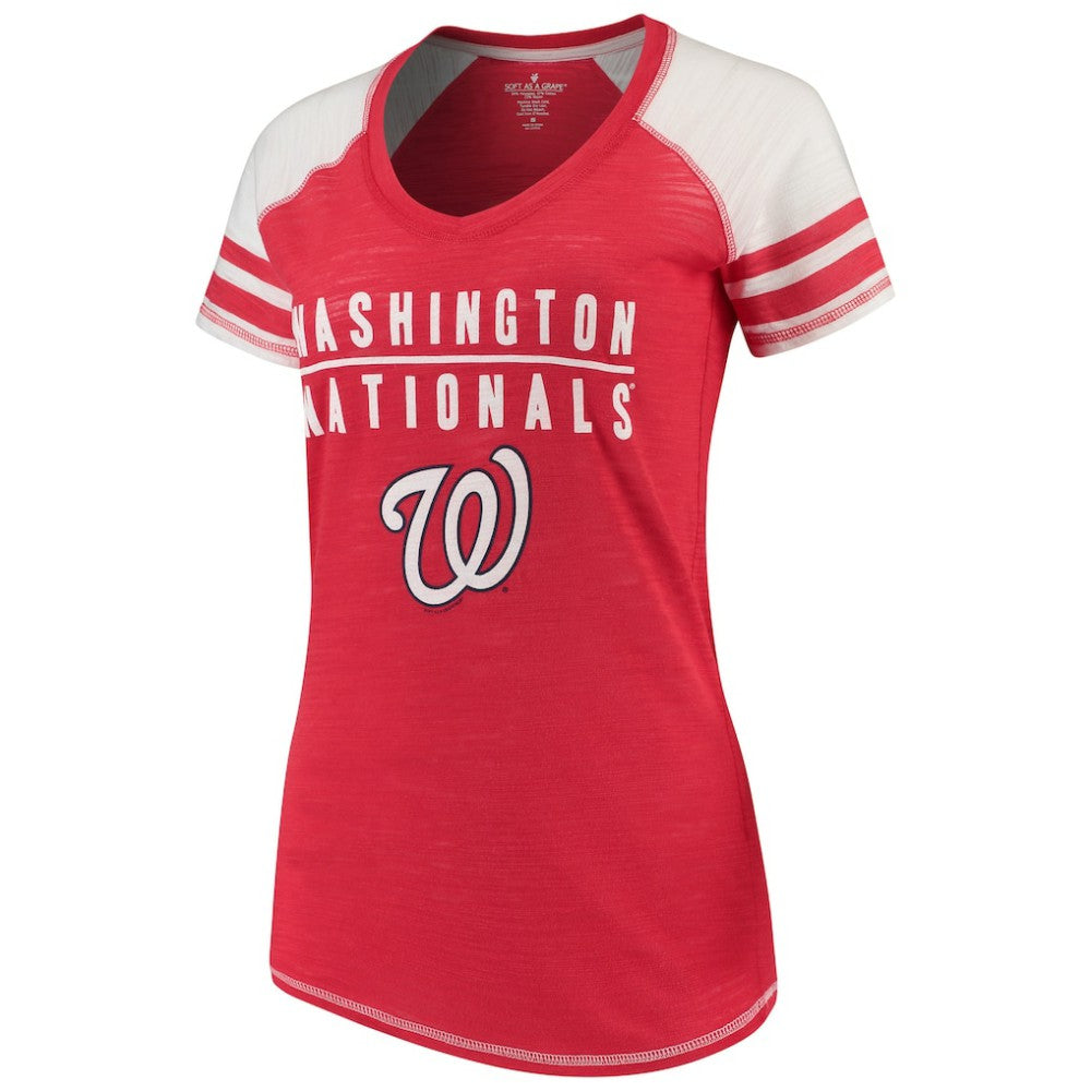 Washington Nationals Soft as a Grape Women's Color Block V-Neck T-Shirt On Sale