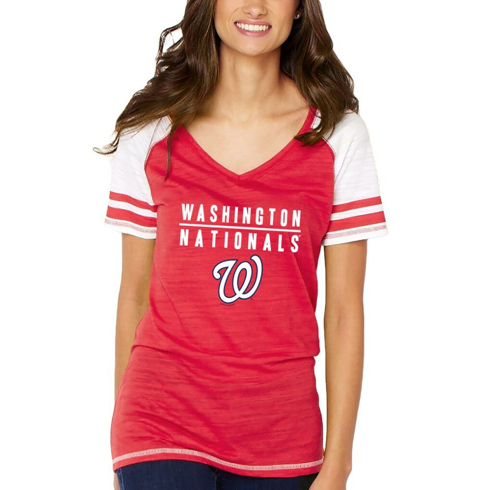 Washington Nationals Soft as a Grape Women's Color Block V-Neck T-Shirt On Sale