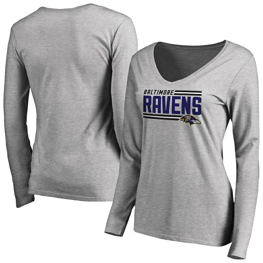 Baltimore Ravens Women's Iconic Collection On Side Stripe Long Sleeve V-Neck T-Shirt Ash - NFL