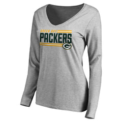 Green Bay Packers Women's Iconic Collection On Side Stripe Long Sleeve V-Neck T-Shirt Ash - NFL