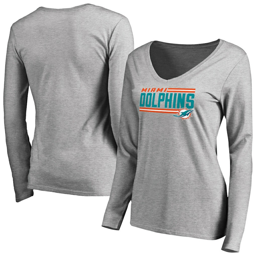 Miami Dolphins Women's Iconic Collection On Side Stripe Long Sleeve V-Neck T-Shirt Ash - NFL